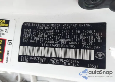 2020 Toyota Camry Le z USA, uszkodzony, nr VIN 4T1C11AK6LU334185